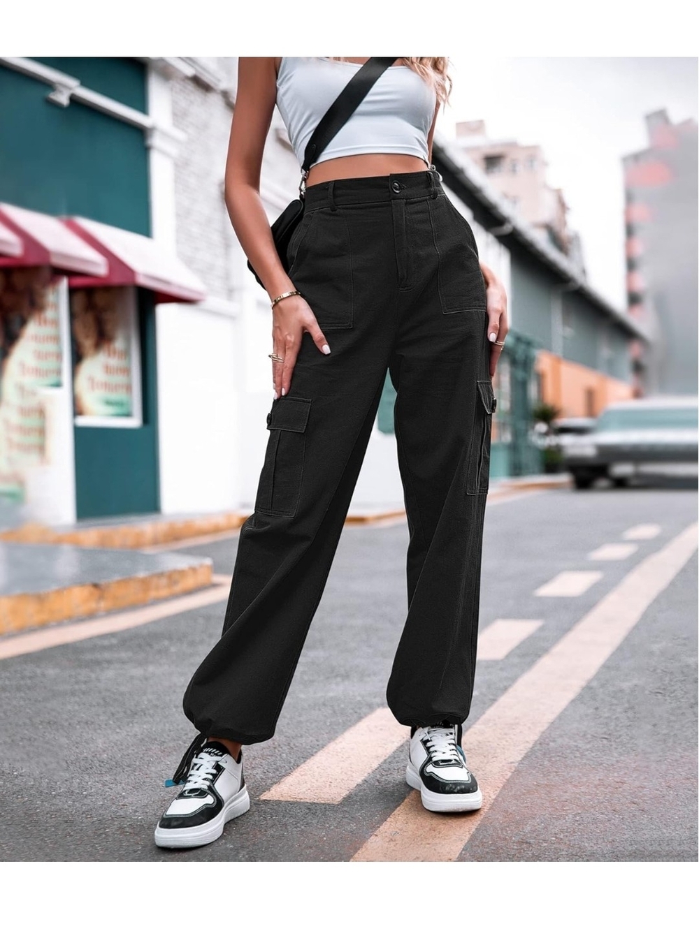 High-Waist Cargo Pants in Black